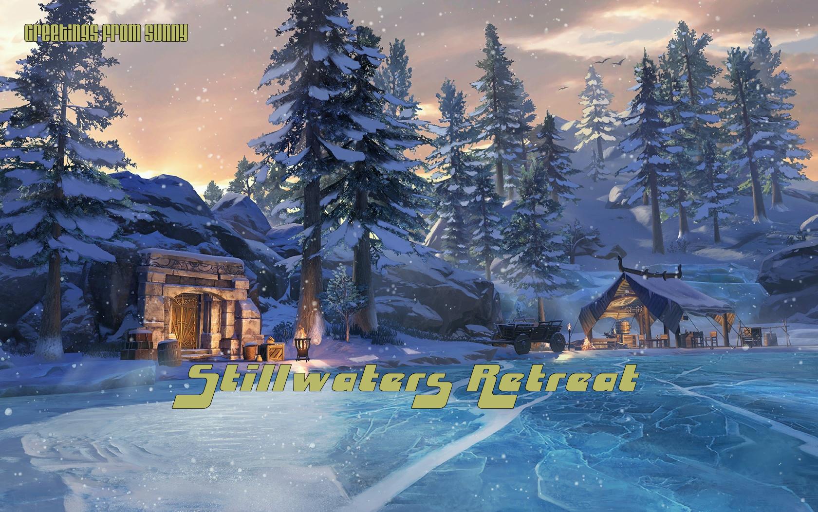 "Greetings from sunny Stillwaters Retreat" in large green letters in an extravagant font over an image of an icy dungeon entry from Elder Scrolls Online